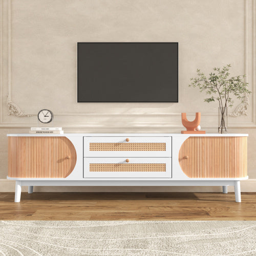 Meuble TV NordiCocon - Design Scandinave Blanc & Bois avec Rangements Pratiques / Vraiment Home