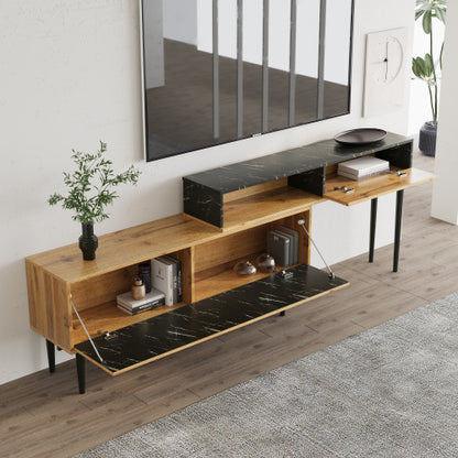 Meuble TV Monbali - Design Moderne en Bois Naturel & Finitions Marbrées / Vraiment Home
