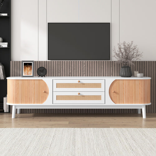 Meuble TV NordiCocon - Design Scandinave Blanc & Bois avec Rangements Pratiques / Vraiment Home