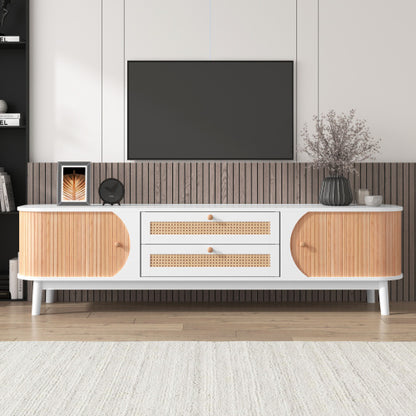 Meuble TV NordiCocon - Design Scandinave Blanc & Bois avec Rangements Pratiques / Vraiment Home