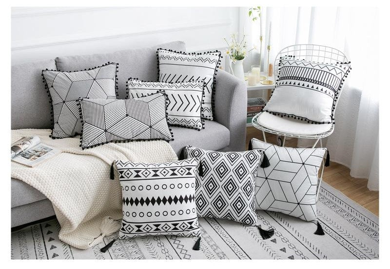 Coussin Bohème Noir & Blanc - Housse Déco 45x45cm / Vraiment Home