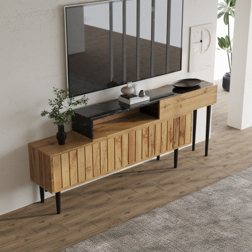 Meuble TV Monbali - Design Moderne en Bois Naturel & Finitions Marbrées / Vraiment Home