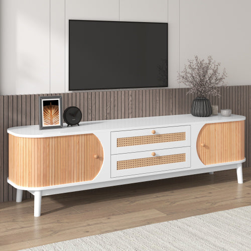 Meuble TV NordiCocon - Design Scandinave Blanc & Bois avec Rangements Pratiques / Vraiment Home