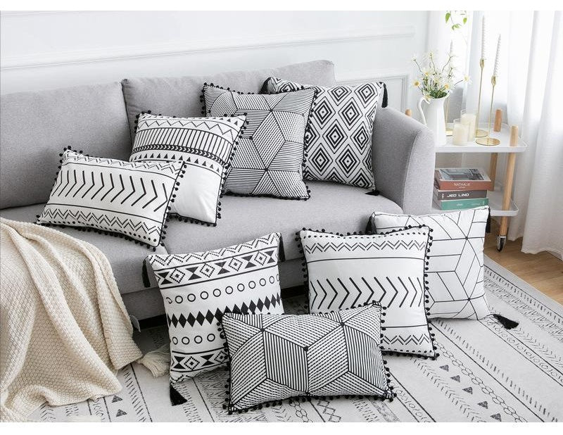 Coussin Bohème Noir & Blanc - Housse Déco 45x45cm / Vraiment Home
